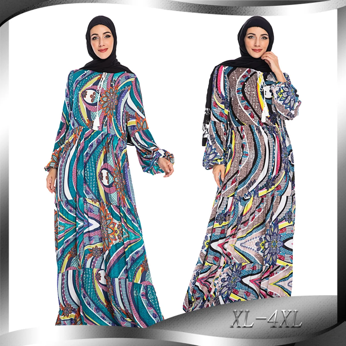 BianFeng Женская мода с расшитым бисером и цветочным принтом мусульманский абайя платье национальное платье с длинным рукавом размера плюс хал...