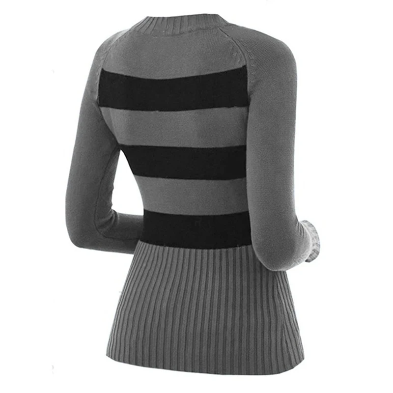 

2020 Autumn Winter Casual Striped V-neck Sweaters Women Fashion Long Sleeve Skinny Knitted Pullovers Female Gray Jumpers