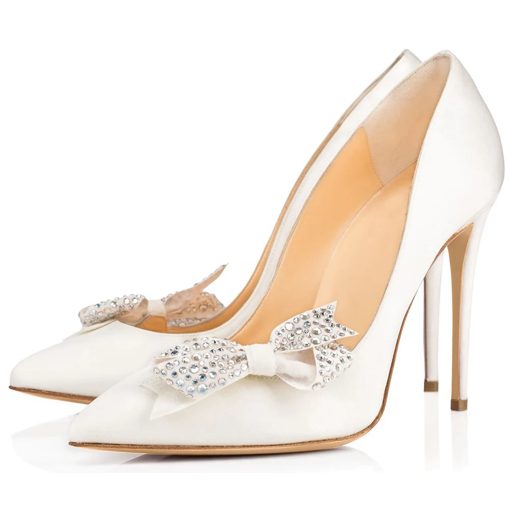Women Stiletto Thin High Heel Pumps Crystal Bow Pointed Toe Sexy Bridals Party Dress Shoe Fashion Plus Size Lady Heels 9-I-PU-4 | Обувь