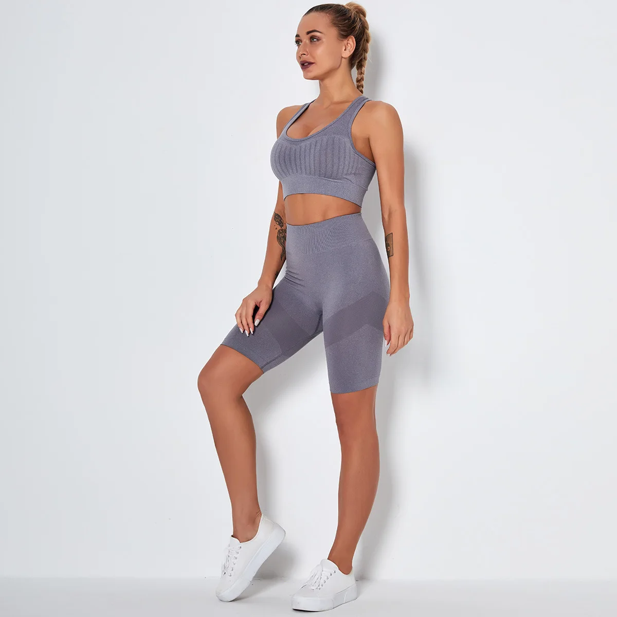 

Explosive Seamless Knitted Slim-Fit Quick-Drying Clothes Sports Yoga Tight-Fitting Hip-lifting Fitness Suit Four-piece suit