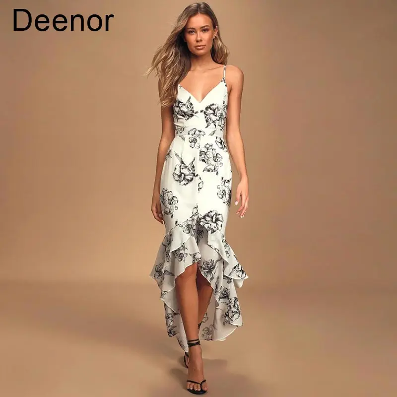 

Deenor Women's Dress Flower Print High Waist Open Back Flounced Suspender Dress Maxi Dresses Elegant Dresses for Women