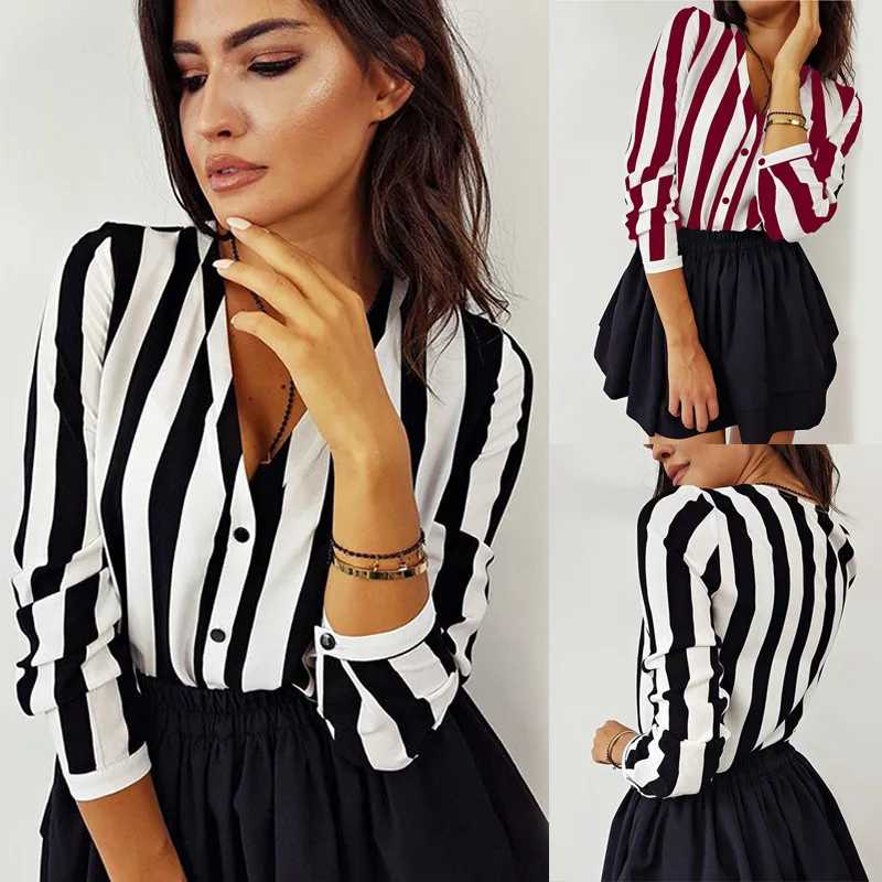 

Women's Spring-Summer New Casual Commuter Sexy deep V-neck Vertrical Striped Long Sleeve Top Temperament Elegant office blouser