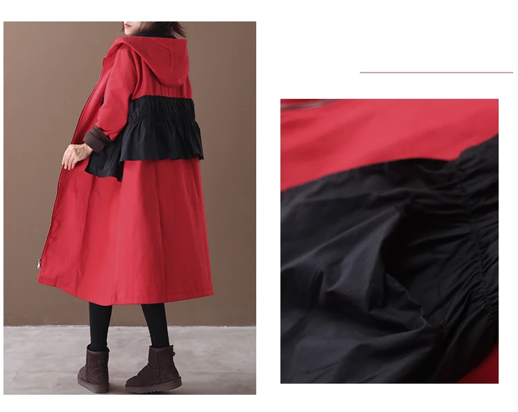 female new autumn and winter plus size korean style outerwear literary ruffled stitching hooded with velvet loose trench