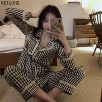 plaid sleepwear women cotton pajamas women korean 2 piece set spring long sleeve loungewear homewear ladies pajamas