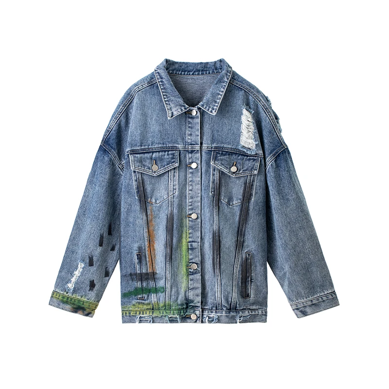 

Unua amo Hip-hop Denim Jacket For Women 2021 Autumn High Quality Hand-painted Retro Vintage Ripped Hole Jean Jackets YY013A