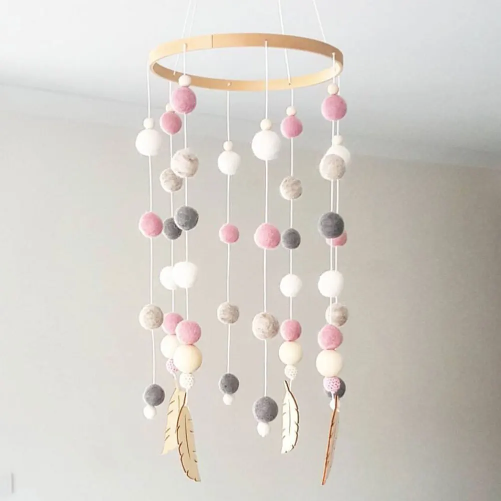 Handmade Wooden Nursery Durable Craft Kids Room Wind Chimes Beautiful Baby Gift Decoration Felt Ball Photo Props Bed Hanging | Мать и