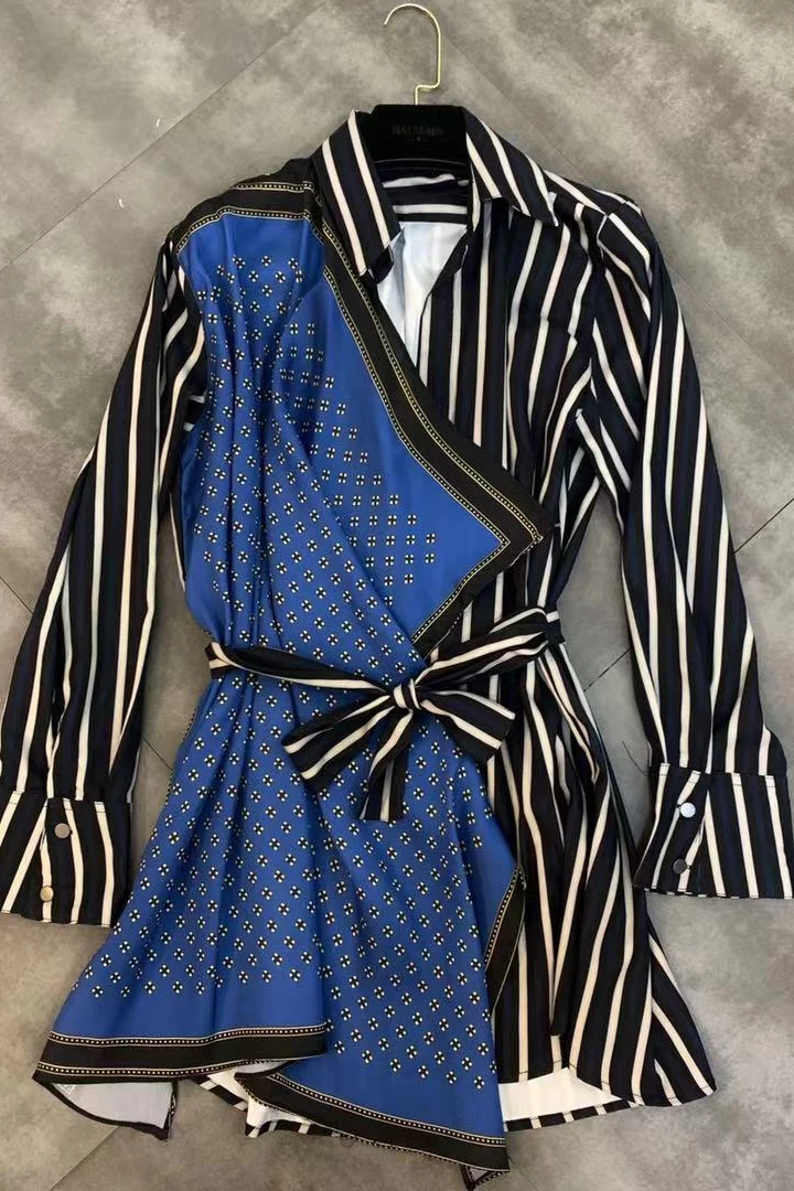 

Blusas Real Shein Women's Shirt 2020 Spring New Lapel Sleeve Hit Color Stitching Vertical Stripes Irregular Belt Waist Women