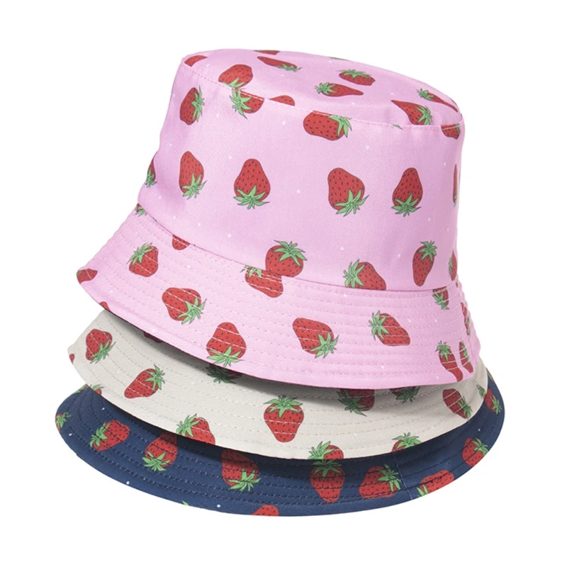 

Unisex Reversible Double Sided Bucket Hat Sweet Strawberry Fruit Printed Outdoor Sunscreen Foldable Panama Fisherman Cap