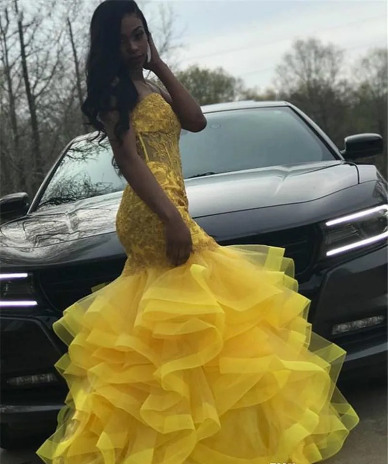 

Yellow Long Prom Dresses 2023 South African Black Girls Sweetheart Appliques Graduation Wear Evening Party Gowns Robe De Soriee