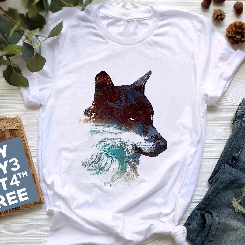 

Wolf Printed T shirts women Summer Short Sleeve Round Neck Tshirt Female Fashion Casual Brand Clothing Ropa Animal Print Mujer