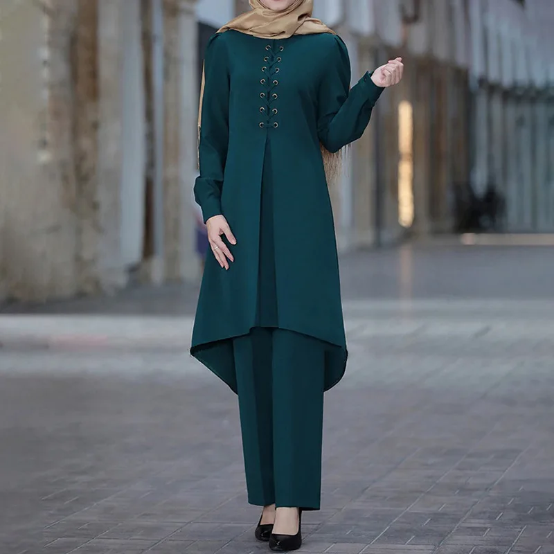 Muslim Two Piece Set Women Dress Asymmetry Abaya Sets Long Blouse Wide Leg Pants Kaftan Party Ramadan Eid Turkey Suits Islamic |