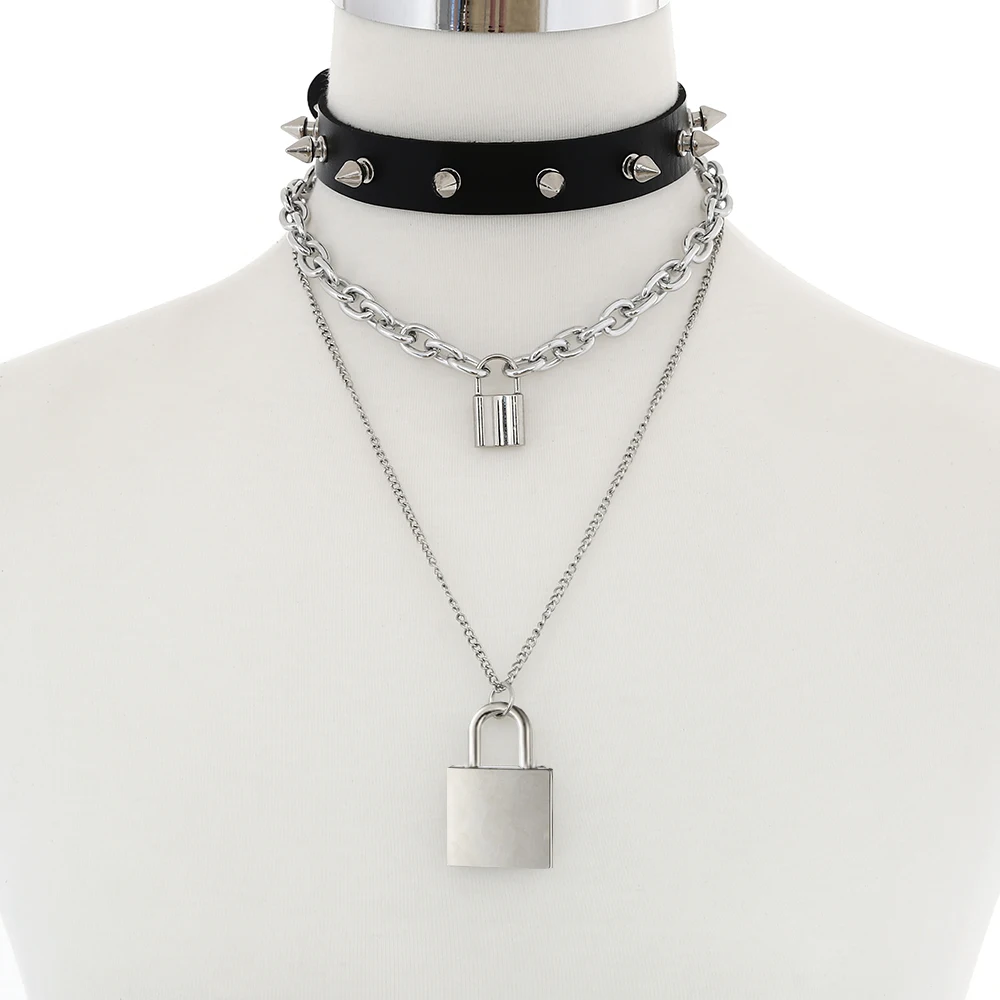 

Punk padlock chain necklace women/men goth spike choker collar goth pendant necklace black leather emo jewelry