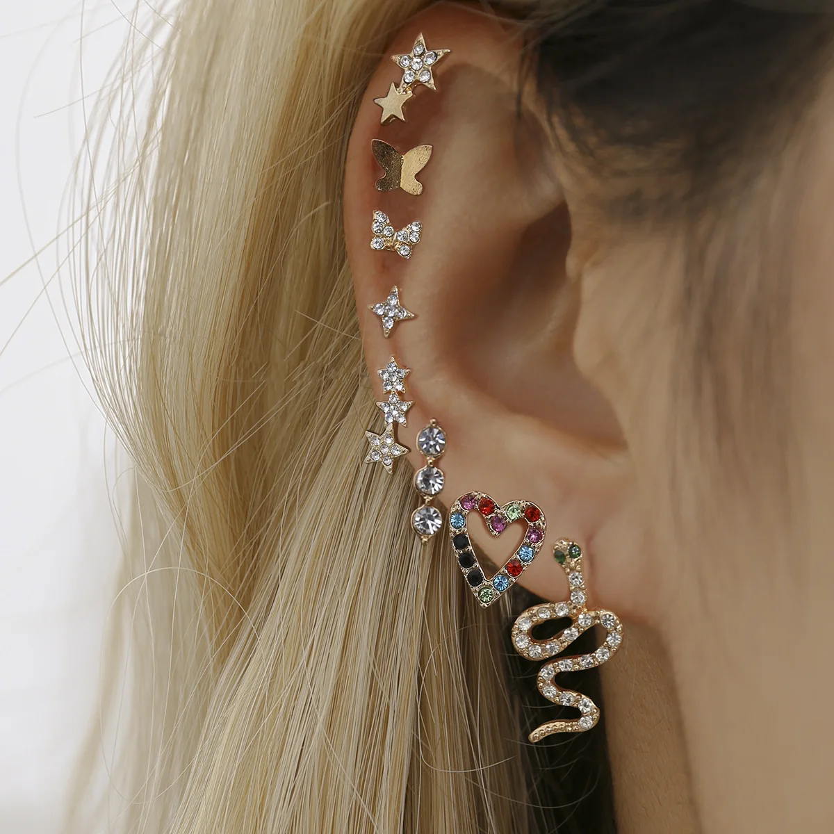

Multi Pairs Punk Star Butterfly Shiny Crystals CZ Stud Earrings for Women Female Punk Gold Snake Cartilage Stud Earring