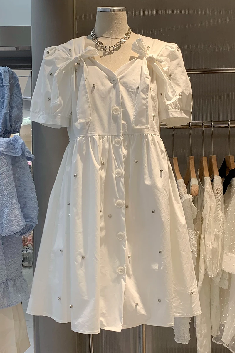 

2021 Summer Casual Solid Color V-neck Short A-line Dress Diamond Bow Short Puff Sleeve Single-breasted Dress for Women