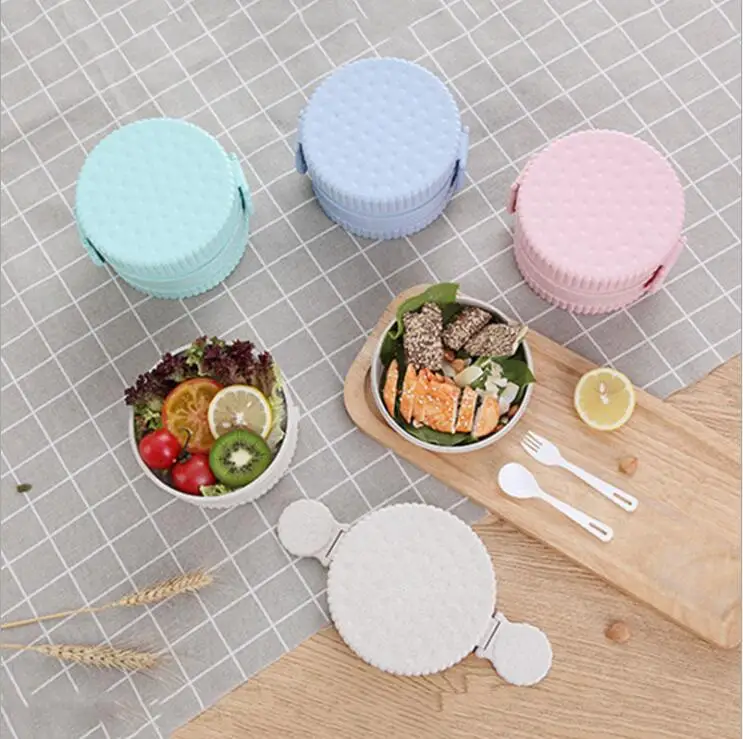 Портативный Круглый двухслойный Ланч-бокс из пшеничного волокна 550 мл