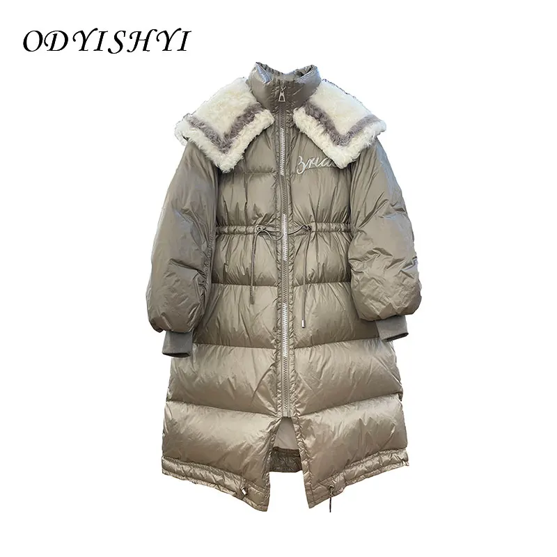 

2020 Winter New Large Wool Collar Lamb hHair Down Jacket Women Long Overcoat Female Loose Warm Outwear Thick Stand Collar DH395