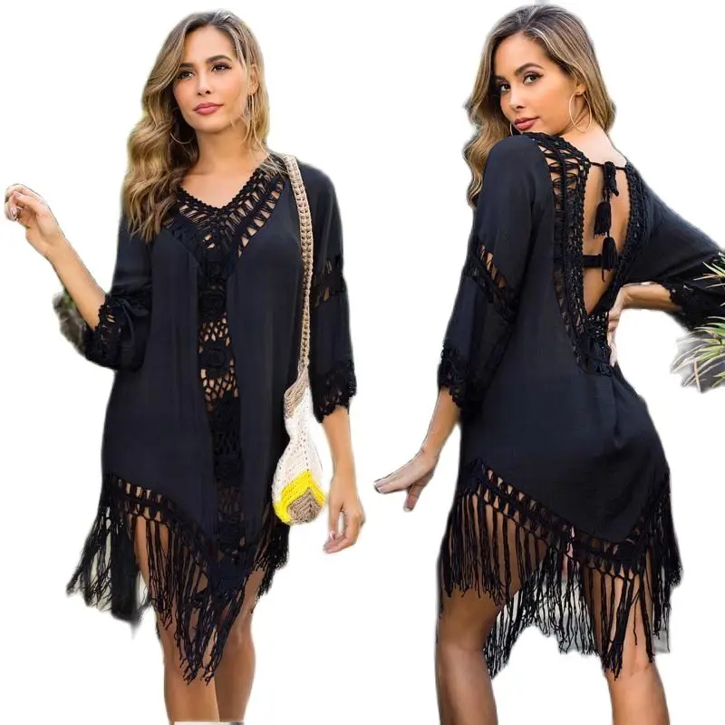 

White Color V-Neck Hook Sexy Hollow Loose Beach Bikini Skirt Blouse Half Sleeve Backless Hand Hook Splicing Sexy Cover-Ups