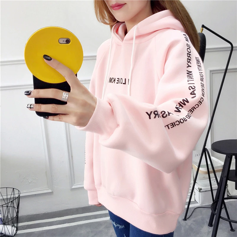 

Harajuku Letters Printed Casual Hooded Hoodies Pullover Women Autumn Thick Loose Sweatshirt Female Thicken Coat