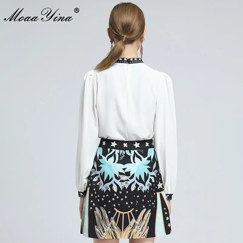 

MoaaYina Fashion Designer Set Spring Women Long sleeve T-Shirt Tops+Print Sequined Beading Skirt Two-piece suit