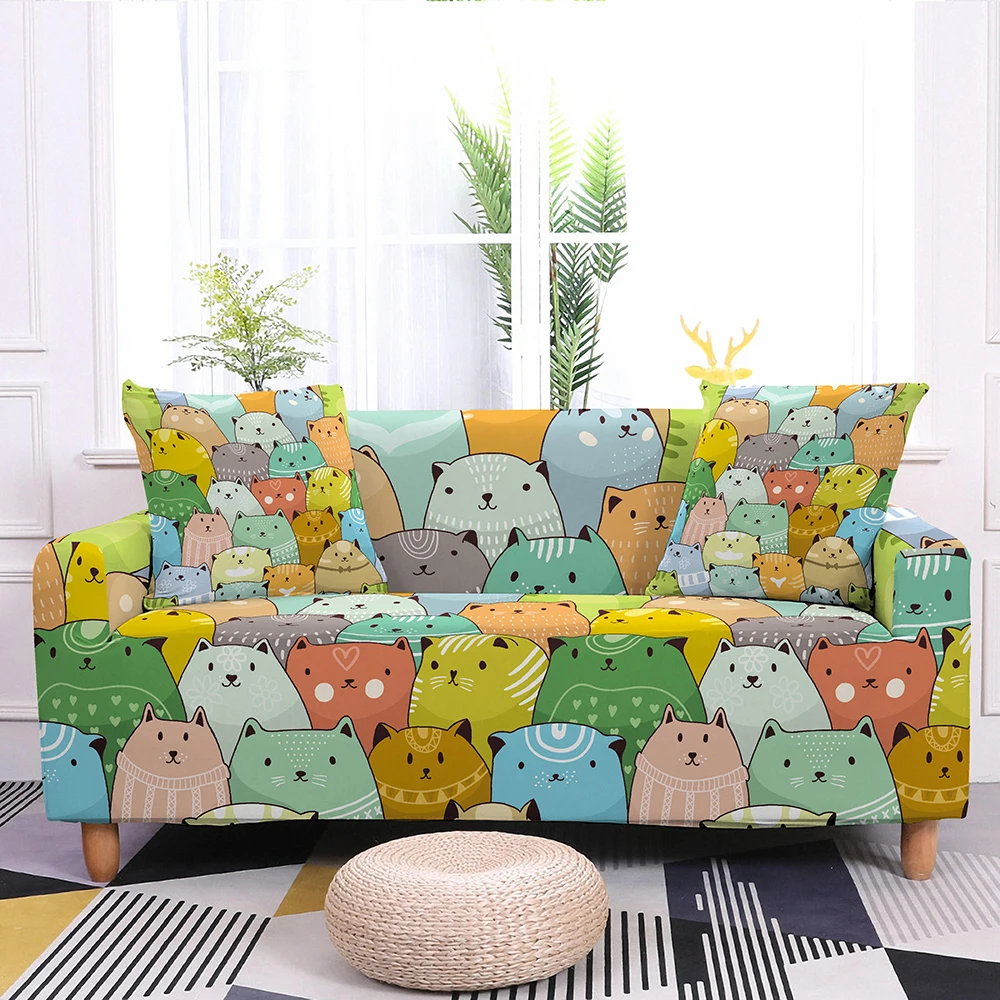 

Comic Style Print Small Animals Sofa Covers Cat Unicorn Ajustable Sectional Couch Cover Corner Sofa Slipcover 1/2/3/4 Seat