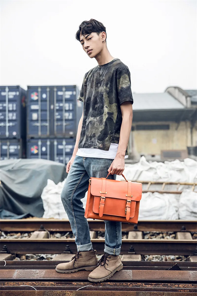 Vintage high quality natural genuine leather men's briefcase casual cowhide handbag business luxury work shoulder messenger bag