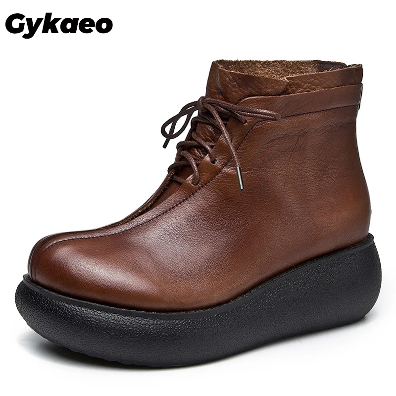 Gykaeo/новые женские ботинки из натуральной кожи на толстой подошве Женская зимняя