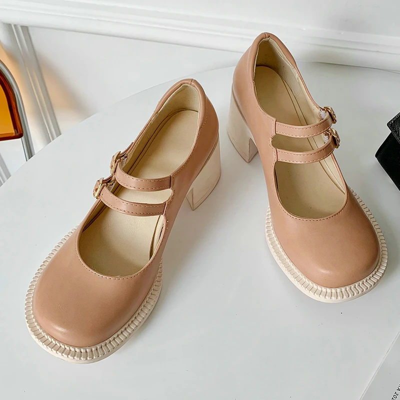 

Plus Size 43 Women Shoes New Fashion Sweet Round Toe Square Heel Mary Jane Shoes Comfort Thick Sole Platform Buckle Strap Pumps