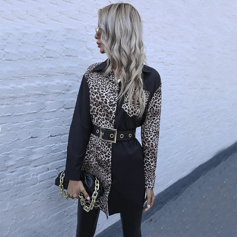 

Women Shirts Leopard print stitching Loose Oversized Blouses Female Tops New Lapel Long Sleeve Fit Fashion Tide 2021 Spring