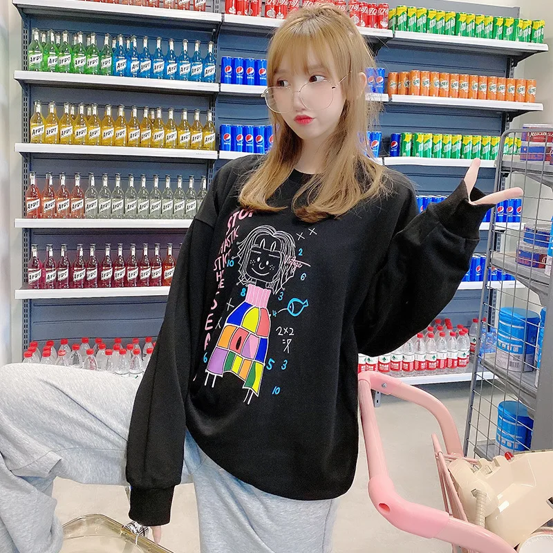 

Chic Graffiti Letter Print Thick Cotton Sweatshirt Women 2020 Fashion Girls Casual Sport Lone Sleeve Pullovers Oversized Casual