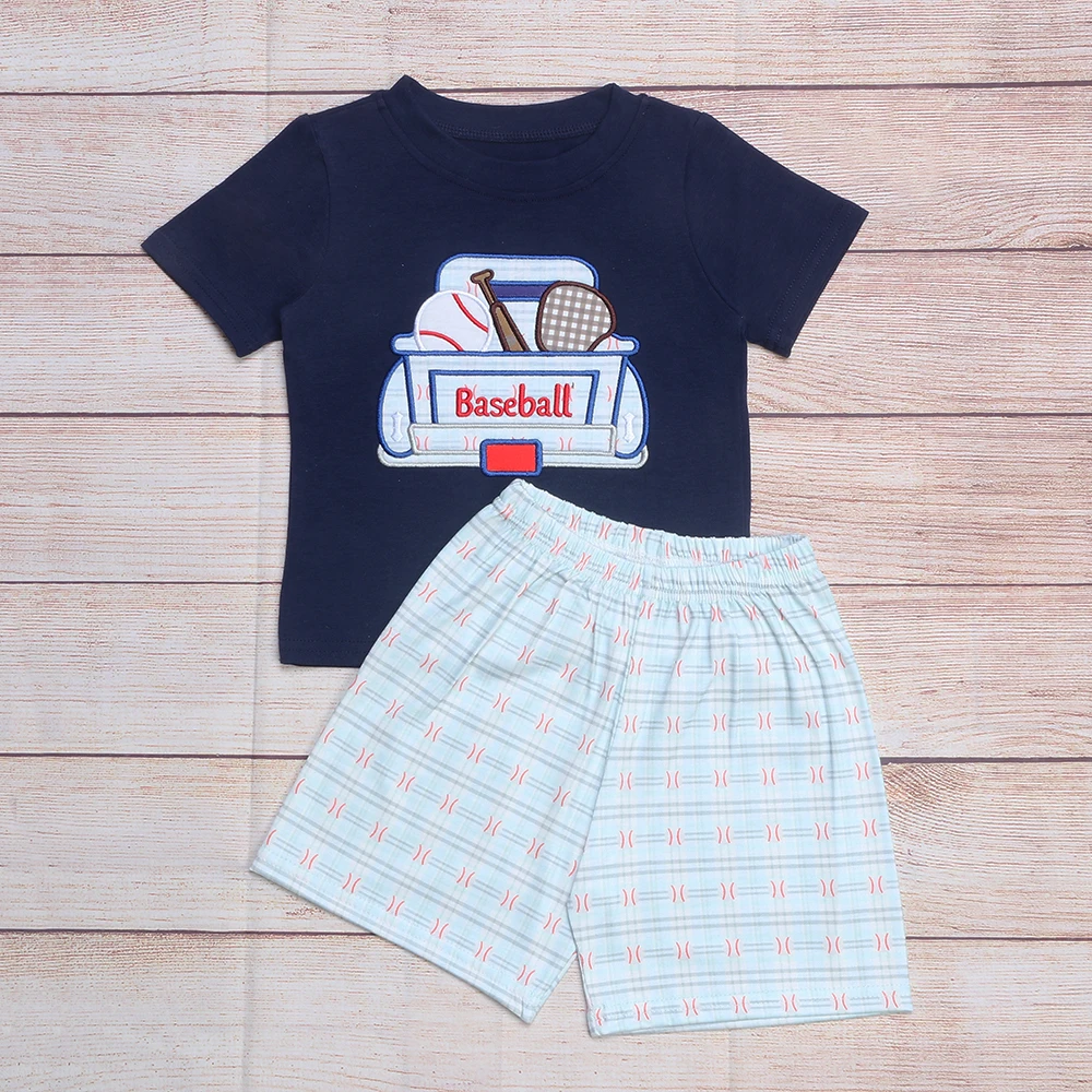 

Summer Clothes Navy Blue Short Sleeve Top And Baseball Print Blue Shorts Truck Pull Baseball And Stick Embroidery Boys Clothes