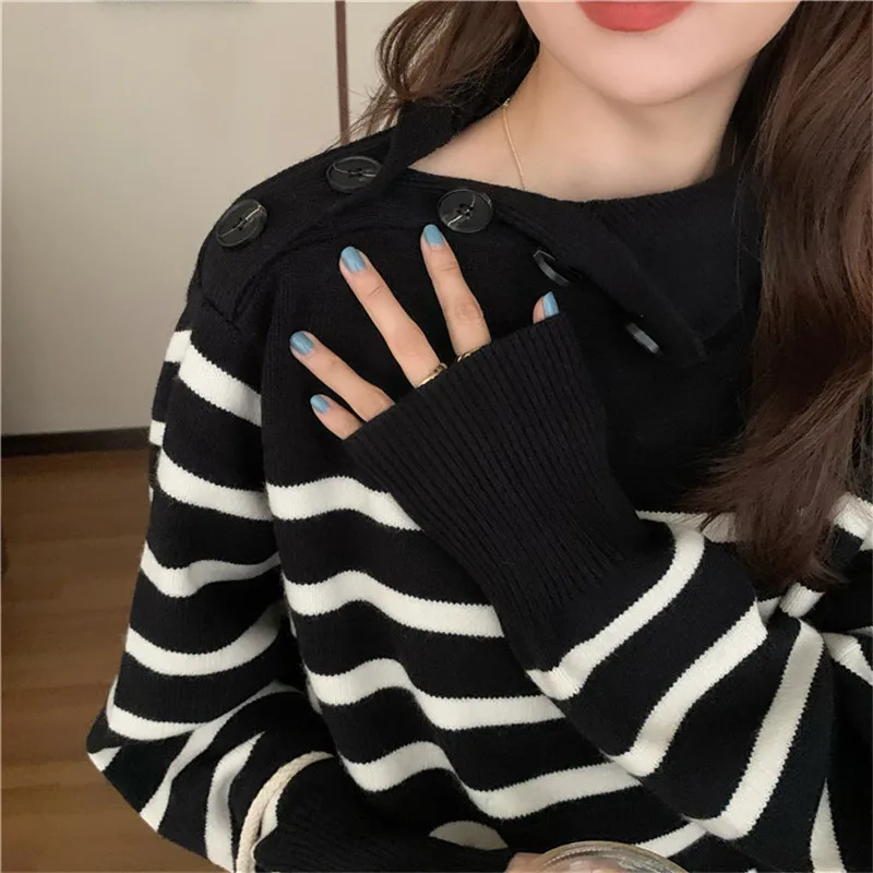 

Hzirip Women Knitted Sweater 2020 Autumn New Pullover Turtleneck Buttons Striped Elegant Sweet Loose Female Office Lady Casual