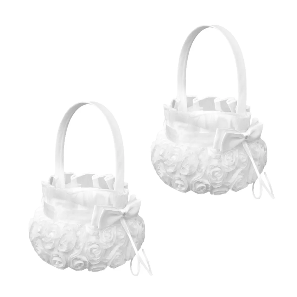 

2pcs Flower Child Wedding Baskets Rose Flower Embroidery Basket Delicate Flower Girl Baskets