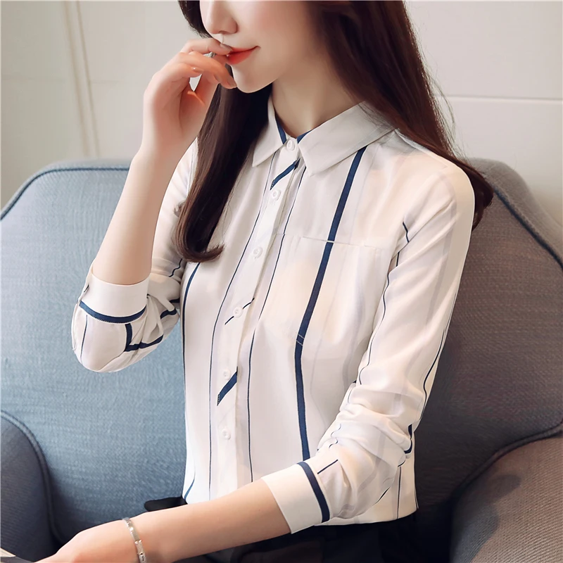 

New striped 2021 New blouses shirt tops womens clothing chemise femme camisa Turn down collar Office Long sleeve blusas 620i