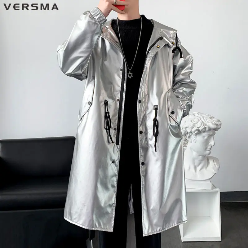 Классический черный Тренч VERSMA из искусственной кожи большого размера для мужчин и женщин, осенняя блестящая Молодежная куртка большого размера для мужчин, Прямая поставка