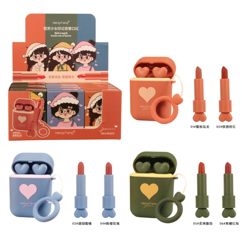 

Girl Heart Double Tube Matte Lipstick Long Lasting Waterproof Velvet Easy To Color Earphone Shell Portable Makeup Cosmetics