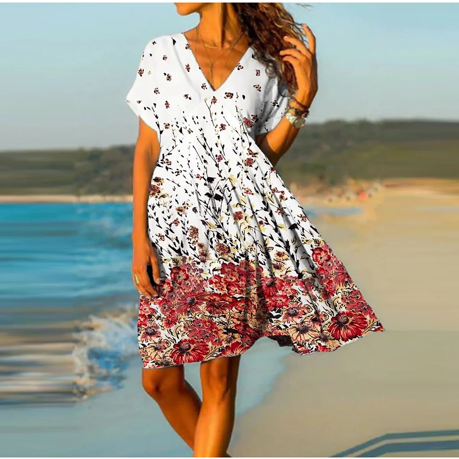 

Casual Beach Dress Women's Summer Fashion Short Sleeve Print Midi Dressess Female Sexy V-neck Oversize A-line Loose Dress robes