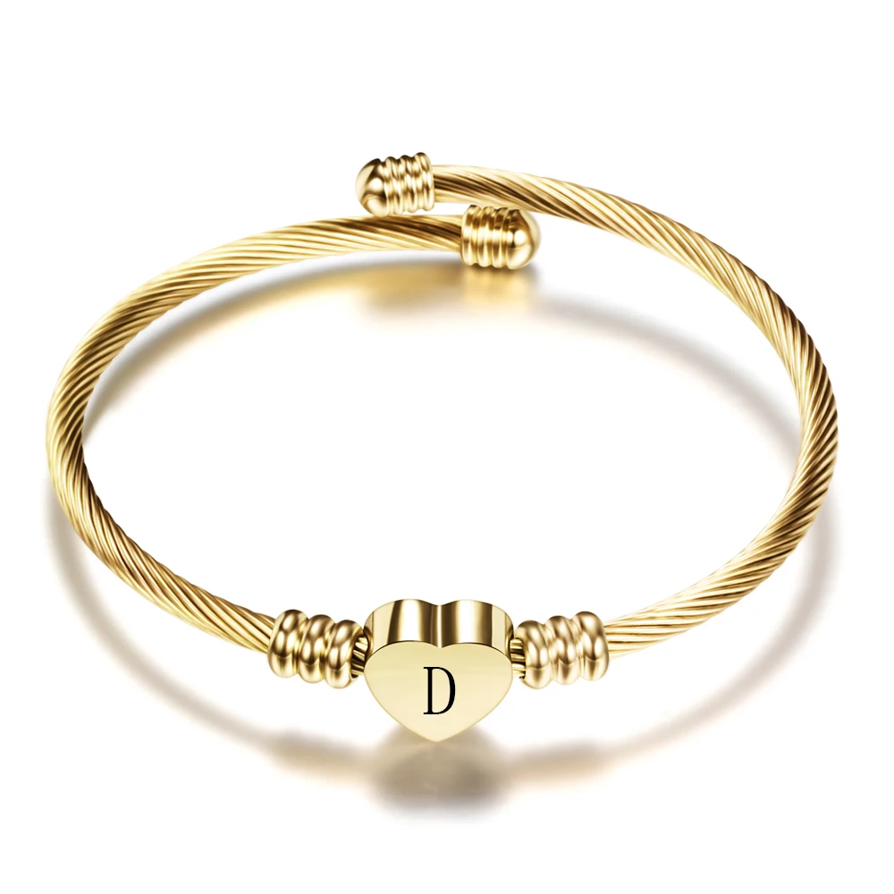 

Fashion Girls Gold Color Stainless Steel Heart Bracelet Bangle With Letter Fashion Initial Alphabet Charms Bracelets For Women