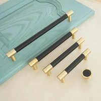 3 78 5 6 3 leather solid brass furniture handles black pulls knob for drawer and cabinet brass wardrobe closet handle pull