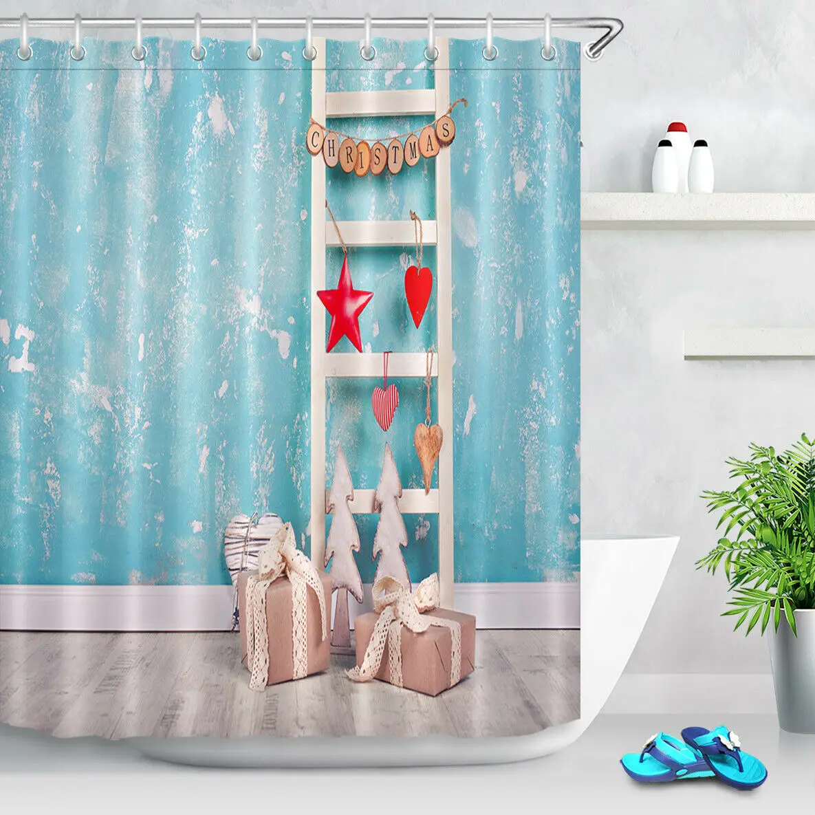 

Christmas Blue Wall Wood Ladder Bathroom Shower Curtain Set Waterproof Fabric