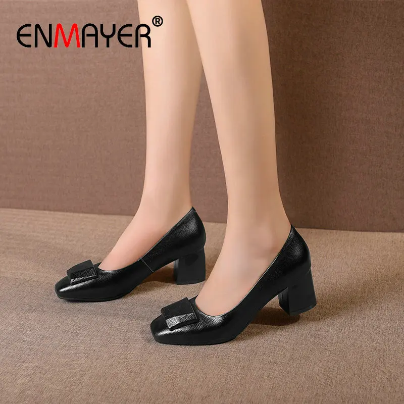 

ENMAYER 2020 Wedding Shoes Basic Genuine Leather Luxury Shoes Women Designers Office & Career Slip-On Round Toe Ladies Shoes