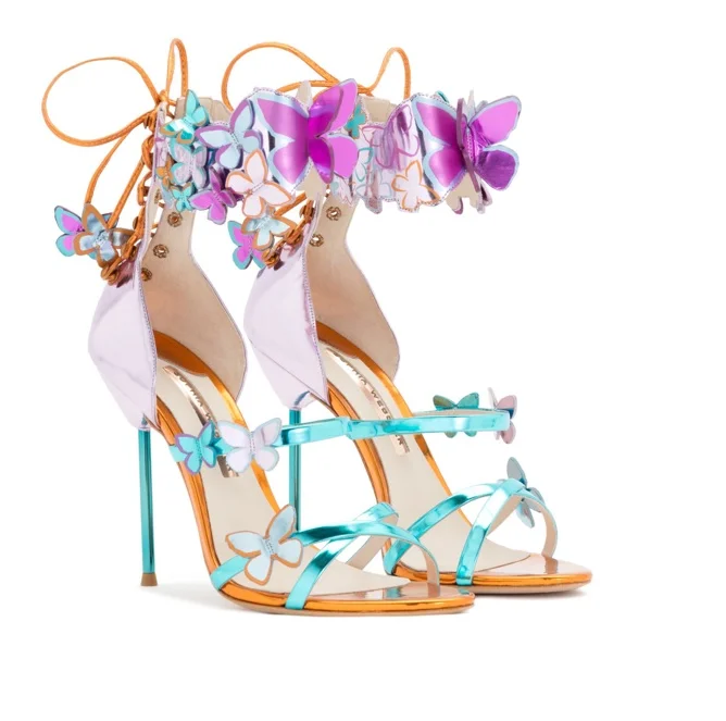 Новые летние кожаные босоножки на тонком и высоком каблуке с ремешками бабочками