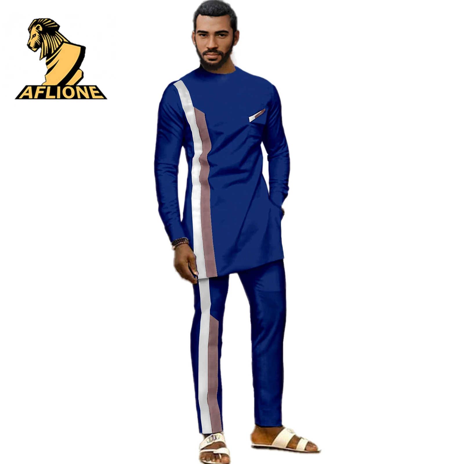 Hippie Clothes African Clothes For Men 2021 Spring Robe Soiree Dashiki Casual Suit Side Vertical Strip Contracted Design 2 Set