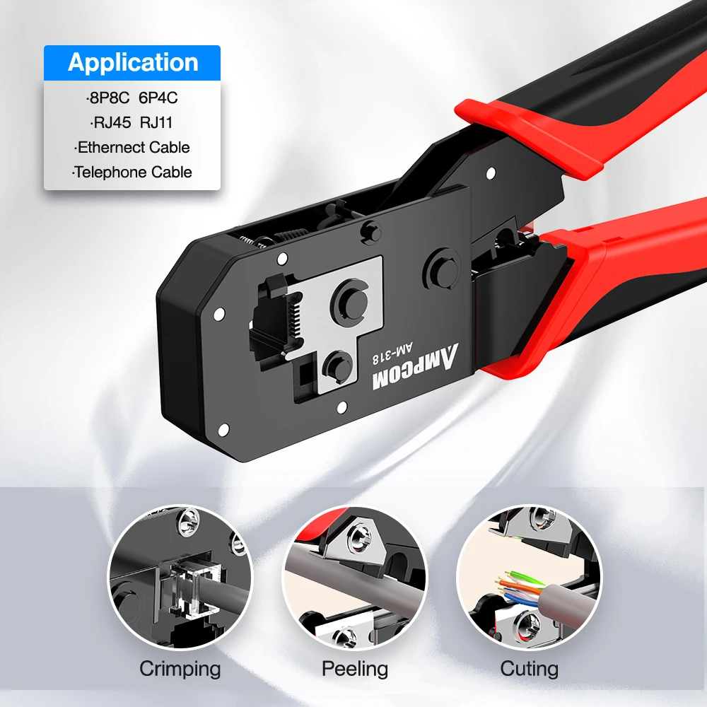 AMPCOM Ratcheting Rj45/RJ11 Crimp Tool 8P/RJ45 6P/RJ12 RJ11 Cat5e Cat6 Crimping Rj45 Crimper Cut Clamp Strip | Инструменты