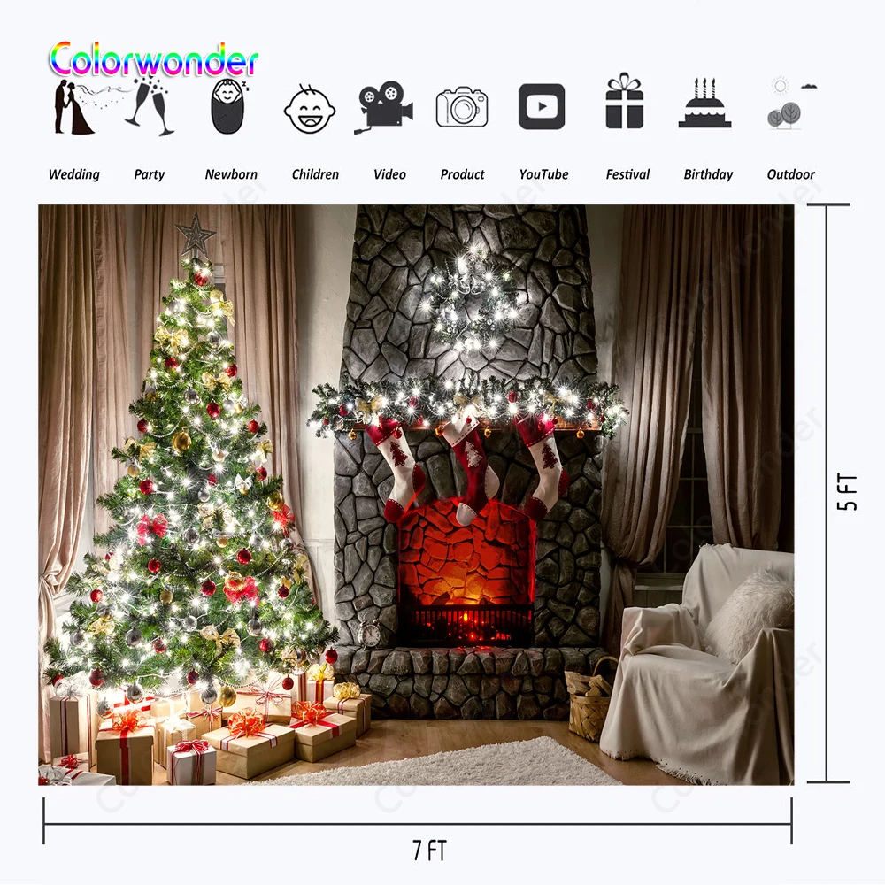 

Vinyl Fireplace Sock christmas tree Backdrop Photography Decorations family newborn children Party Photo Background