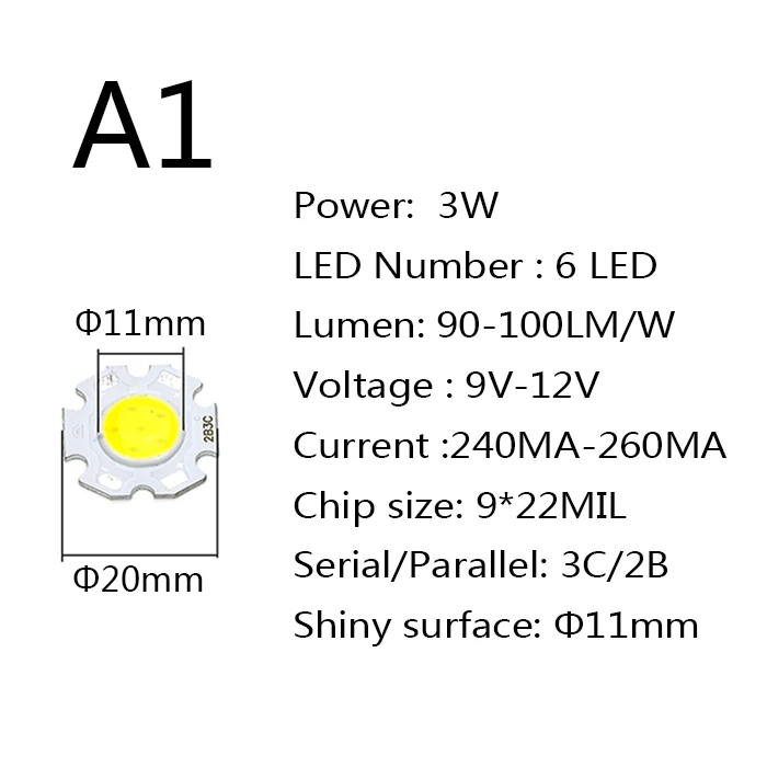 200 шт./партия мощный светодиодный COB светильник лампа 20 мм 3 Вт 5 7 10 чип-светильник