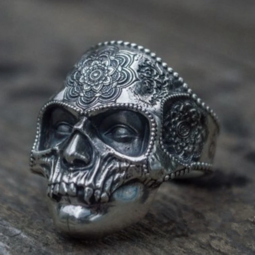 

Unique Silver Color Heavy Sugar Skull Ring Mens Mandala Flower Santa Muerte Biker Jewelry