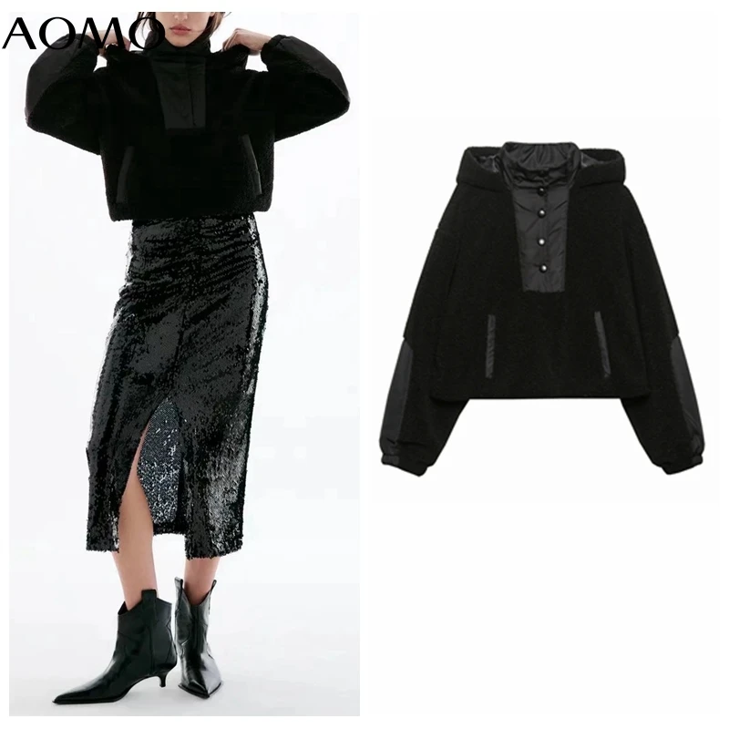 

AOMO Women's Winter Black Teddy Hood Jacket Loose Long Sleeves Pocket 2021 Ladies Oversized Coat 6H161A