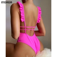 ingaga ruffle swimsuits one piece 2021 backless swimwear women deep v bodysuits cut out bathing suits summer sexy rose beachwear