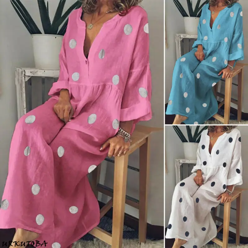 

Plus Size Women Summer Dress Polka Dot Loose Long Maxi Dress Casual Long Sleeve Boho Beach Dresses Bohemian Sundress