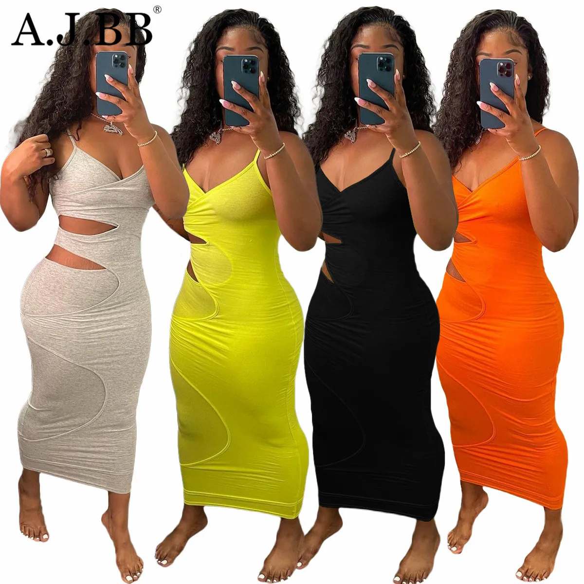 

2021 summer new sexy solid color slim dress fashion V-neck sleeveless women's suspender vest long skirt